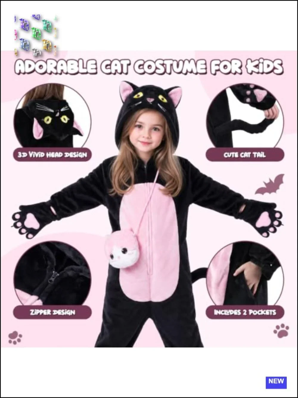 Kids Cat Costume Onesie with Gloves & Purse Bag for Halloween